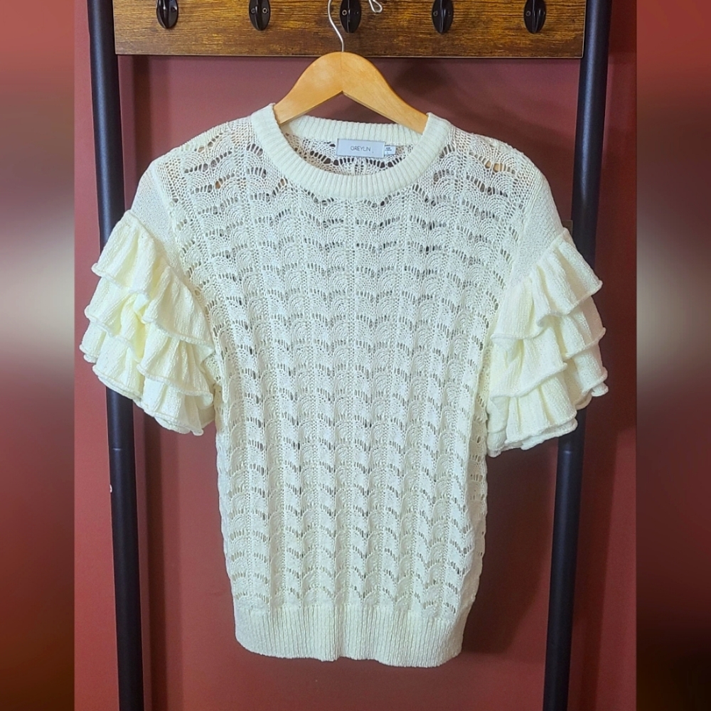 White ruffle sleeve pointelle knit top